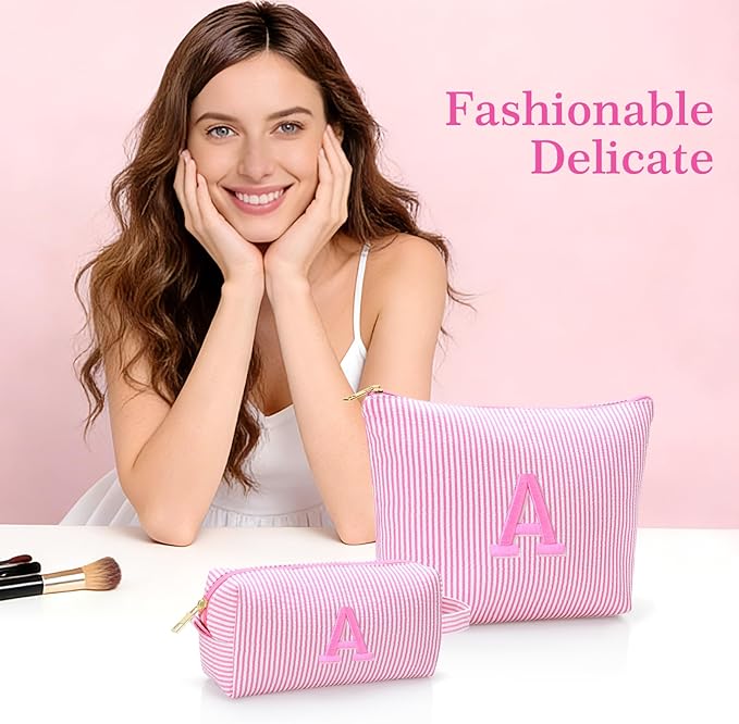 Personalized Initial Makeup Bag,Toiletry Travel Cosmetic Bag,Trendy Stuff for Teen Girls and Women,Holiday & Birthday Gift,2 Pack (K, Purple)