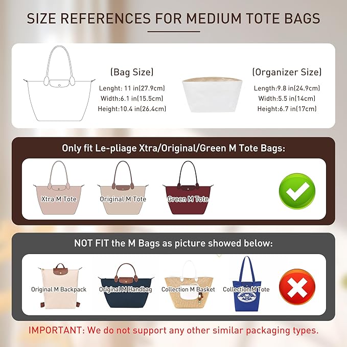 Doxo Long Champ Organizer Insert, Bag Organizer for Medium longchamp/G.oyard PM/Speedy 30/Neverfull MM and More, Light Waterproof DupontPaper le pliage Medium Organizer 6 Pockets, Black-white/M