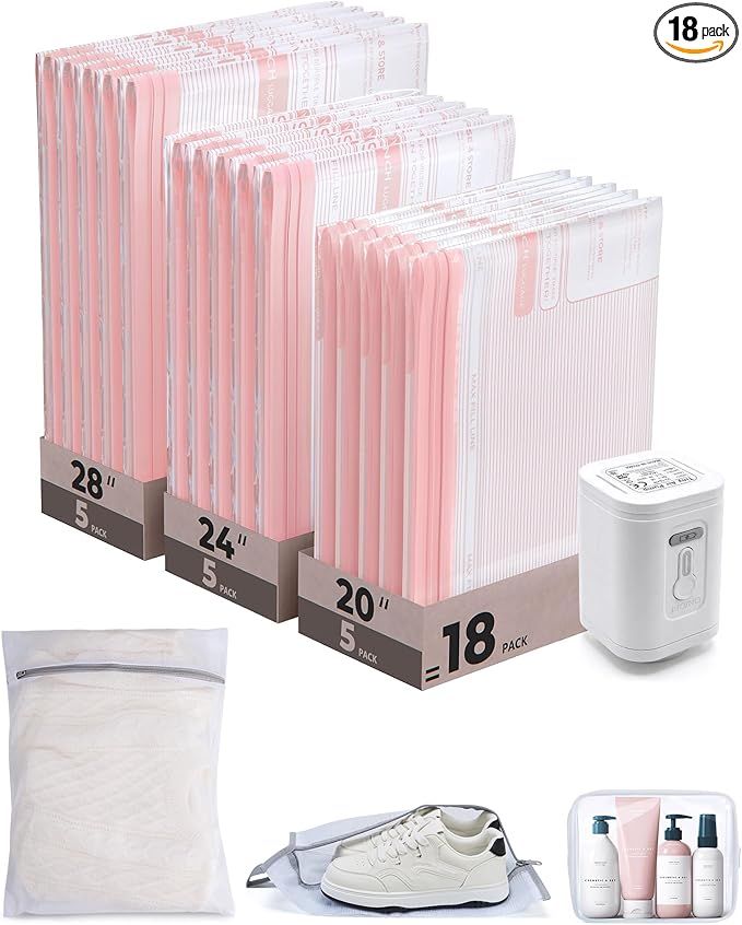 BAGSMART Vacuum Bags for Travel with Rechargeable Air Pump, Portable Space Saver Bags for Travel & Home, Vacuum Compression Seal Bag for Clothing, Blanket, 18 Pack-Pink