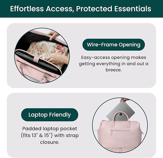 NOBL Travel Weekender Bag for Women & Men, Large Duffel Carry-On Tote with Trolley Sleeve, Separate Shoe Compartment & Laptop Pocket, Leather Overnight Bag for Airplane, Gym, Road Trips - Blush
