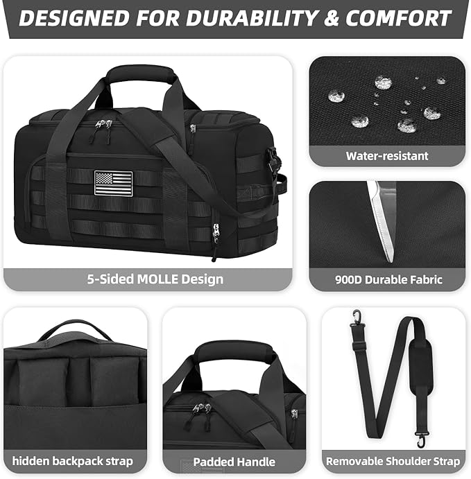 ZOMFELT Tactical Gym Bags for Men, 22x14x9 Carry On Luggage Duffle Bag for Travel, 3-in-1 Sports Basketball Soccer Bag with Removable Dividers & Shoe Compartment, Weekender Overnight Travel bag, Black