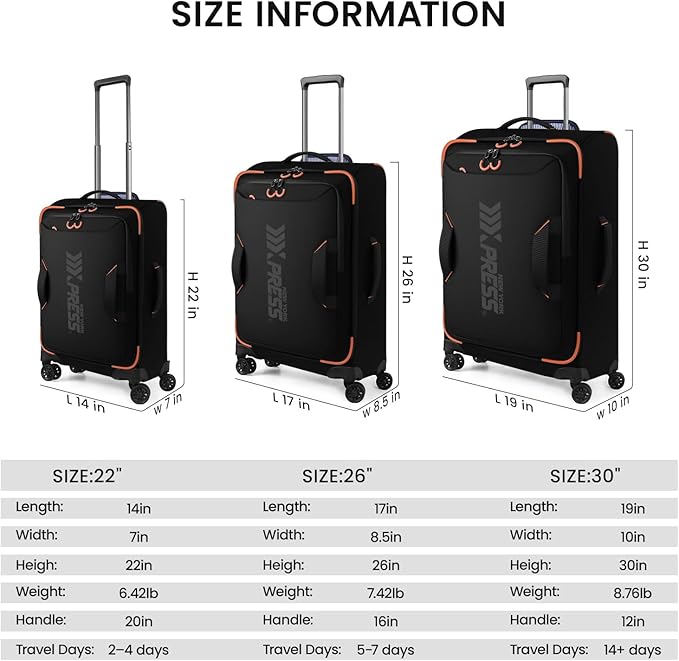 3-Piece Softside Upright Luggage Set with Front Open Pocket, Lightweight and Waterproof Durable Suitcase Sets Double Spinner Wheels（Black, 22in/26in/30in）