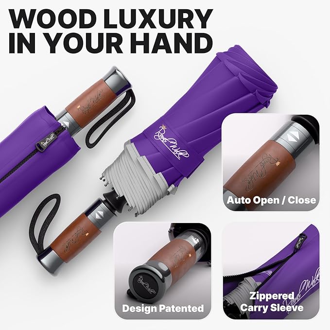 Royal Walk Windproof Folding Travel Umbrella Compact and Strong Luxurious Real Wood Handle Automatic Open Close Vented Double Canopy for Men and Women (Purple)