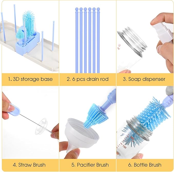 Travel Baby Bottle Cleaner Kit，7-in-1 Baby Bottle Brush Set for Travel and Home, All-in-One Baby Bottle Washing Kit: Integrated Cleaning & Drying System for Bottles and Breast Pump Parts (Blue)