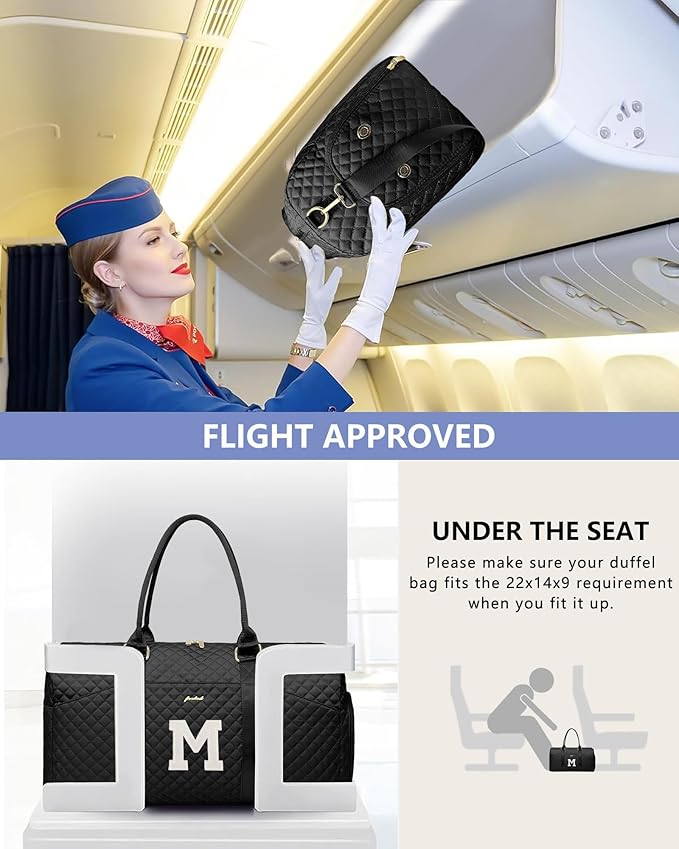 Women Weekender Travel Duffle Bag: Initial Duffel Overnight Bags with Shoe Compartment Large Carry on Tote with Toiletry Bag Weekend Traveling Yoga Gym Hospital Bag for Women with Wet Pocket Letter M