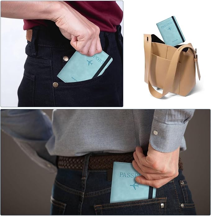 Passport Holder, Passport Cover with Credit Card Slot and Boarding Pass Slot Combo, Passport Wallet Case Book Travel Must Have, RFID Blocking Leather Travel Accessories, Sky Blue