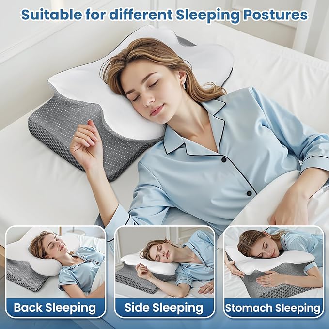 Cervical Neck Pillow for Sleeping – Memory Foam Bed Pillow for Neck Support, Orthopedic Contour for Side & Back Sleepers, Breathable & Cooling Cover, CertiPUR-US Certified, Grey, Queen Size