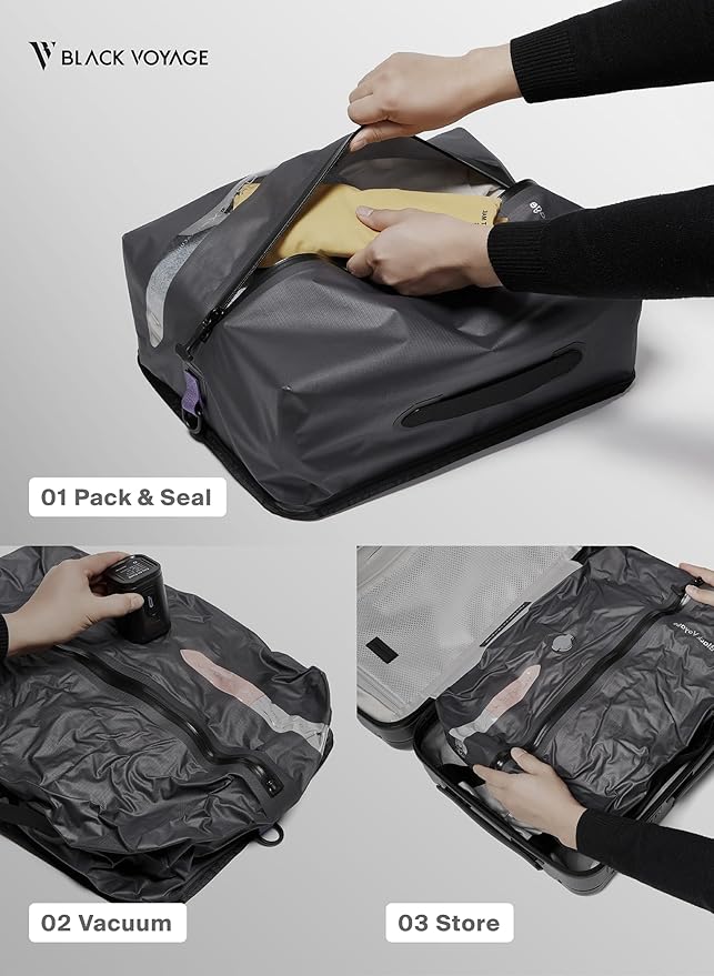 Black Voyage Reusable Vacuum Compression Travel Bag for Carry-On Suitcase and Backpack, Recycled IP67 Waterproof Space Saver Vacpack (3-Pack, 18L - Pump Included)
