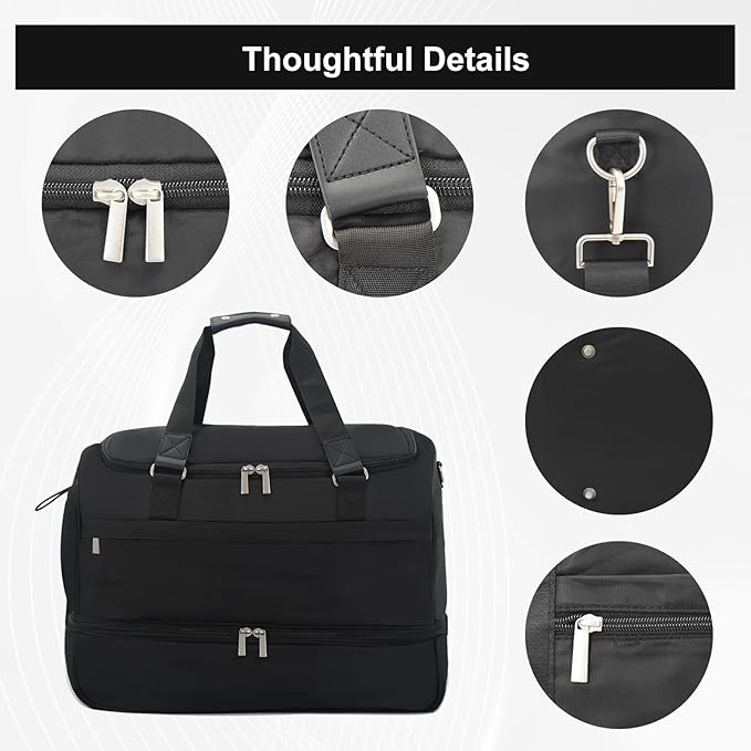 Carry On Travel Duffel Bag for Women & Men,Overnight Weekender Bag with Shoe Compartment,Trolley Sleeve and Adjustable Shoulder Strap,Business & Weekend Travel,Gym,Sports,Yoga & Dance(Black)