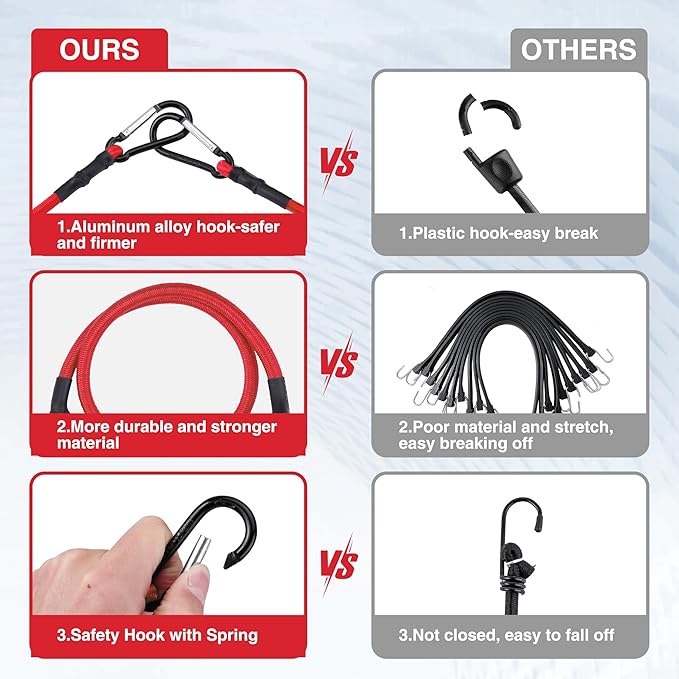 WORKPRO 24 Inch Bungee Cords with Hooks, 4 Pack Superior Rubber Heavy Duty Bungee Straps Strong Elastic Rope for Outdoor Tent, Luggage Rack, Camping, Cargo, RV, Bike, Transporting, Storage, Red