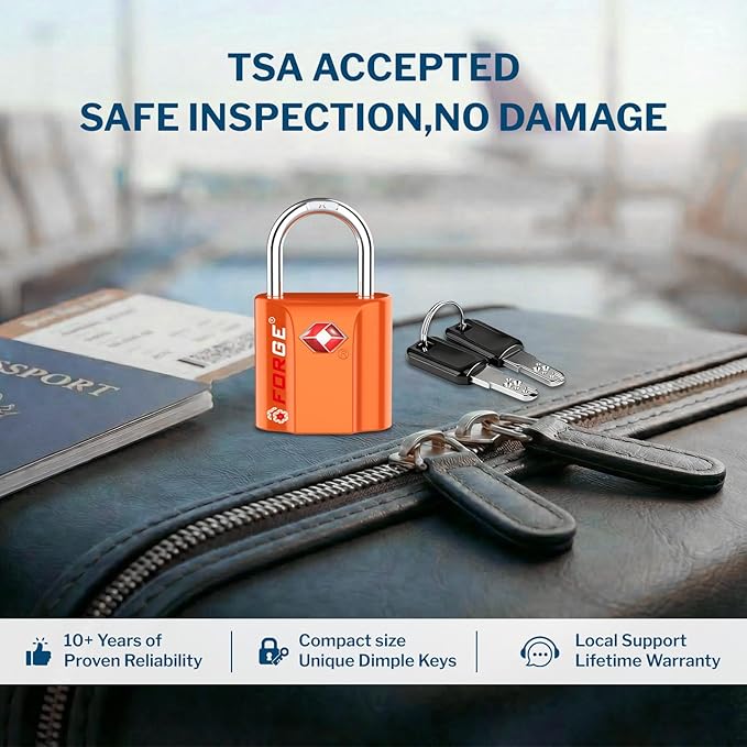 Forge TSA Approved Luggage Locks: Ultra Secure Dimple Key Travel Locks with Zinc Alloy Body, for Luggage, Travel Cases, Backpacks Orange 2PK.