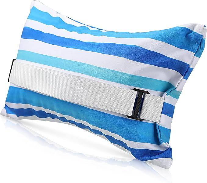 Menkxi 1 Pack 17"x10" Inflatable Beach Pillow with Removable Cover, Beach Chair Backpacking Pillow with Strap Stripe for Summer Sand Pools Travel Vacations(Blue White)