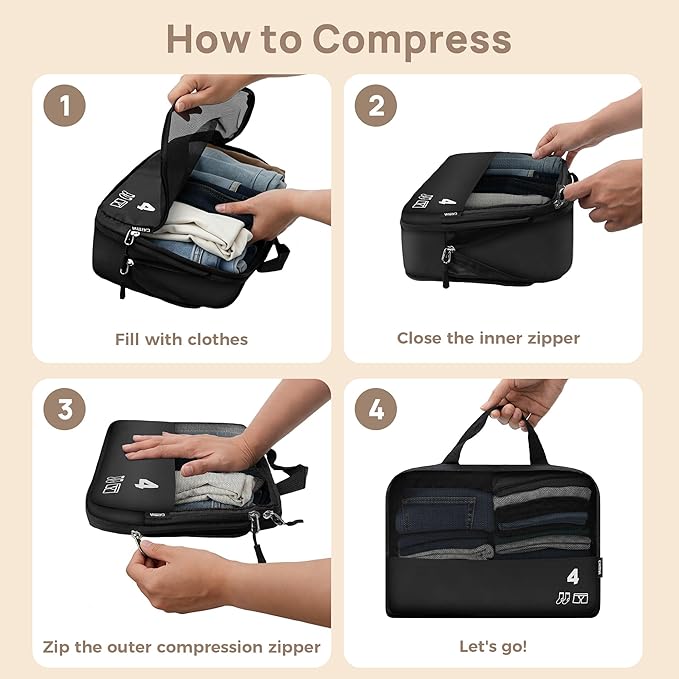 7 Set Compression Packing Cubes Travel Accessories Expandable Packing Organizers (Black)