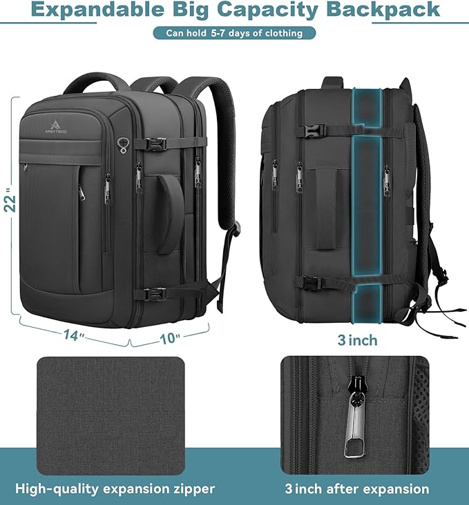 60L Extra Large Travel Laptop Backpack,3XL Expandable Carry On Backpack for Men, Big Capacity Heavy Duty Business Suitcase Daypack Bag Fits 18.4-19 Inch Laptops, Travel Gifts for Men Women, Black