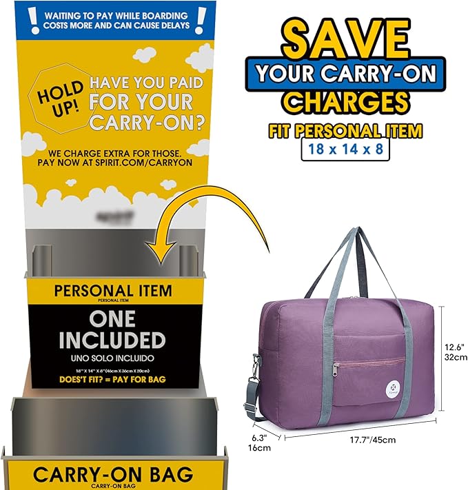 For Spirit Airlines Personal Item Bag 18x14x8 Foldable Travel Duffel Bag Tote Carry on Luggage Duffle Overnight for Women and Men