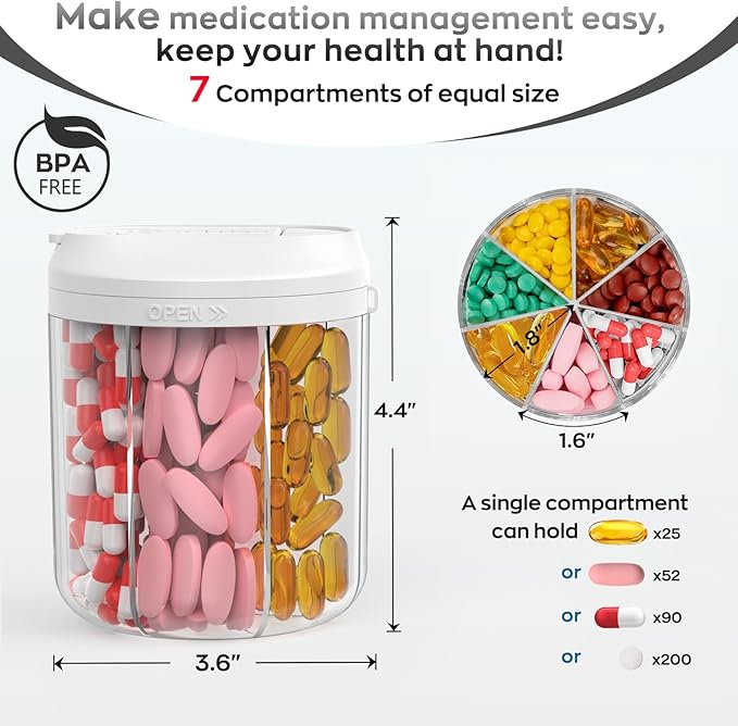 Pill Dispenser with 7 Large Compartments, 4.4" H x 3.6" Dia Pill Bottle Organizer for Travel, Supplement Organizer with Anti-Mixing Design, BPA-Free Pill Container with 20 Pcs Labels, Beige