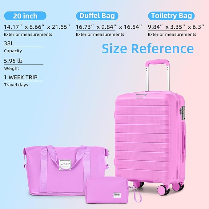 LARVENDER Luggage Sets 3 Piece, Hardside PP Carry On Suitcase with 360° Spinner Wheels TSA Lock Luggage Sets for Women, Neon Pink