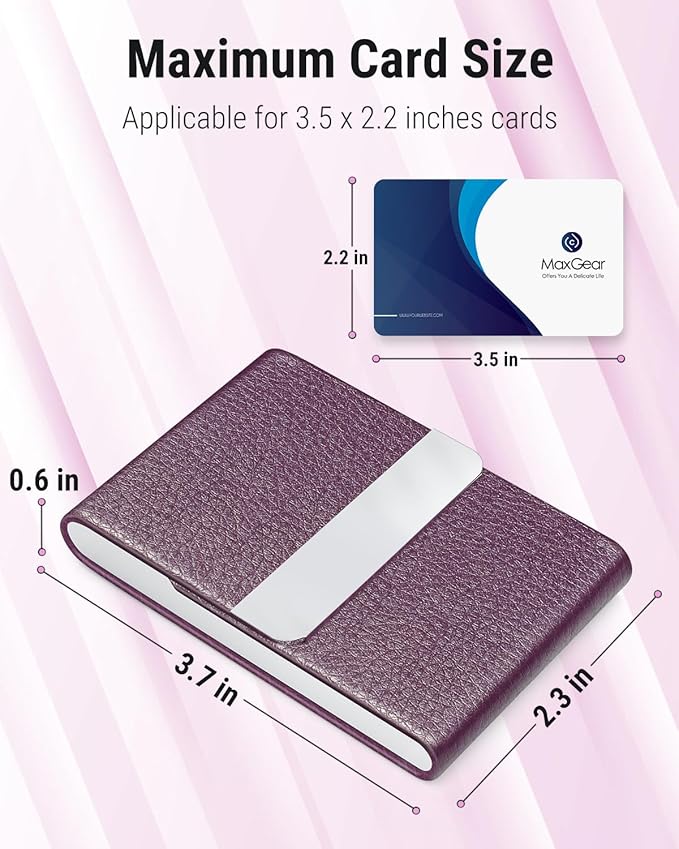 MaxGear Business Card Holder, Slim PU Leather & Stainless Steel Business Card Case for Men & Women, RFID Blocking Name Card Holder with Magnetic Closure, Purple