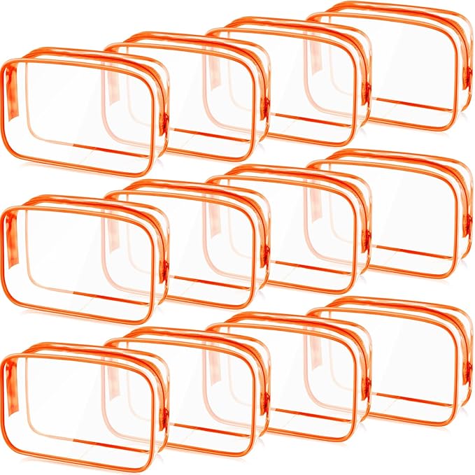 Weewooday 12 Pieces Clear Makeup Bags Cosmetic Storage Bags PVC Zipper Pouches Travel Waterproof Makeup Plastic Case for Women Organizing Toiletries Traveling Bathroom(Medium,Orange)