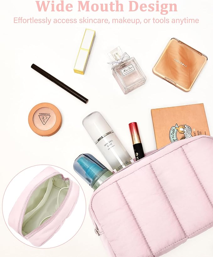 oscaurt 2 Pcs Makeup Bag Travel Toiletry Bag for Women Puffy Padded Cosmetic Pouch Purse Wide-open Makeup Organizer Case Travel Essentials