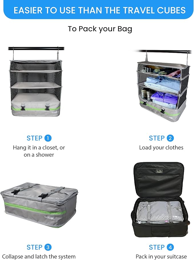 Grand Fusion Stow-N-Go Packing Organizer for Luggage, Portable Hanging Travel Shelves, Carry-On Closet, Hanging Packing Cubes, Collapsible Carry-On Organizer for Cruises & Hotels. Light Gray - XL