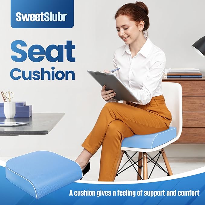Seat Cushion for Tailbone Pain Relief, Office Chair Cushion, Memory Foam Large Chair Cushion with Non-Slip Cover for Soft Support at Office Chair, Car Seat, Airplane Light Blue/X-Large