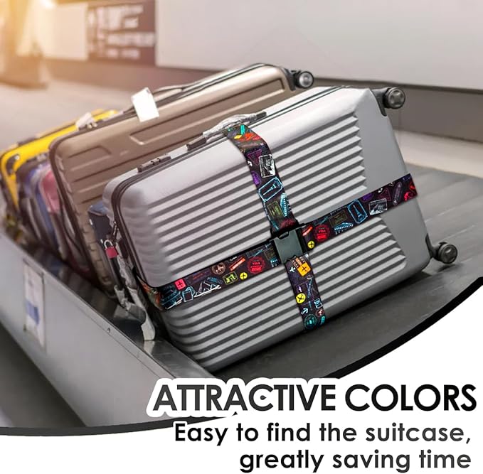 Gutsdoor Luggage Straps for Suitcases Adjustable Travel Belt, Connector Holds Suitcase Bright Colorful Identifiers Travel Bag Accessories (Airplane Black)