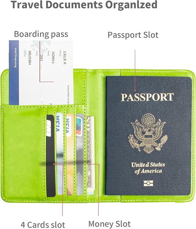 Passport Holder and Card Slot Combo RFID Blocking Leather Travel Passport Wallet for Men and Women US Passport Cover, Green