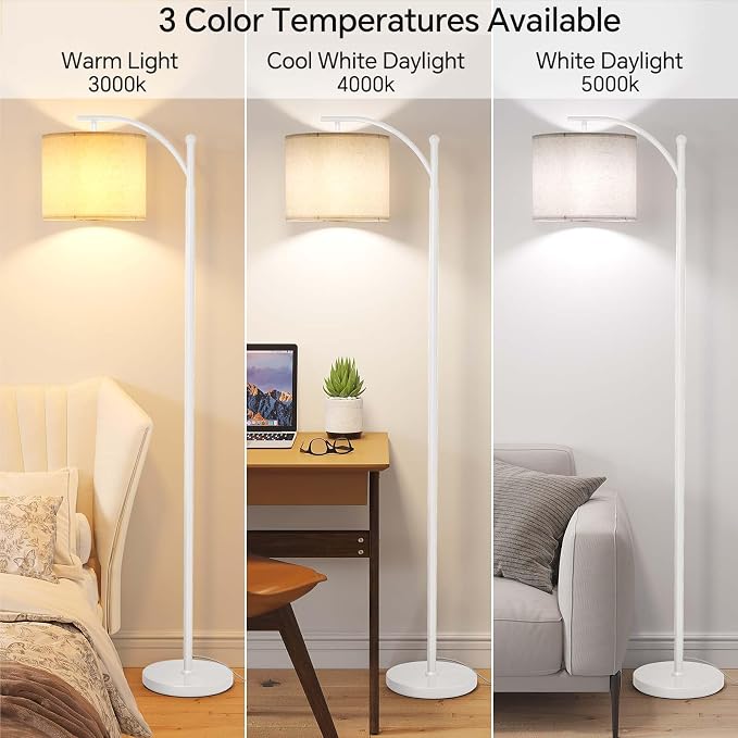 SUNMORY Arc Floor Lamp for Living Room, Modern Tall Standing Lamps, White | 3 Color Temperatures, 9W 800lm LED Bulb, Adjustable Hanging Shade, Foot Switch, Metal Floor Light for Bedroom Office Corner