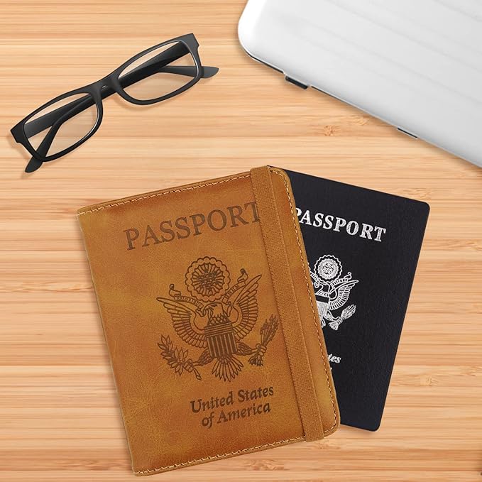 WALNEW Passport Holder for Travel, RFID Passport Cover Wallet for Women Men, PU Leather Passport Book Card Holder Case with Pen (Elastic Band Closure, AA-Brown+Rosegold)