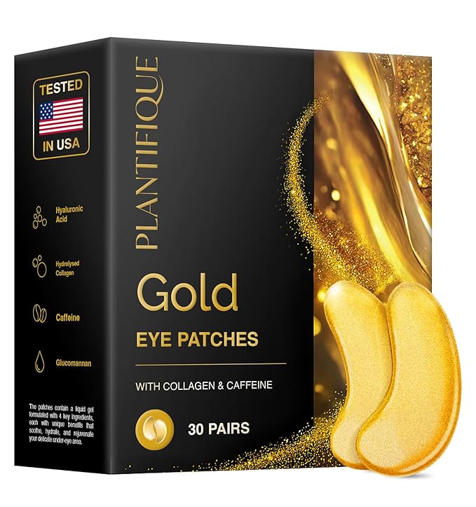 PLANTIFIQUE 24K Gold Eye Patches for Puffy Eyes | 30 Pairs | Gifts | Under Eye Masks for Dark Circles | Puffiness Eye Gels | Eye Mask Skincare