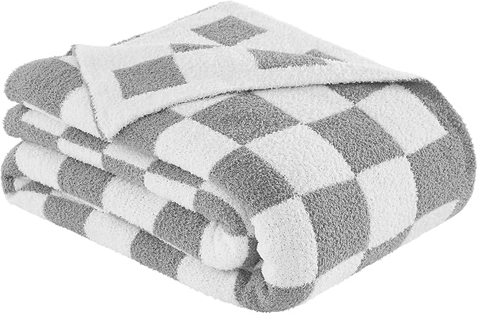 Checkered Throw Blanket, Light Grey Soft Cozy Fluffy Knitted Throw Blankets for Couch, Sofa, Bed, Chair, Warm Fuzzy Travel Picnic Lightweight Plaid Blanket, 50x70 inches