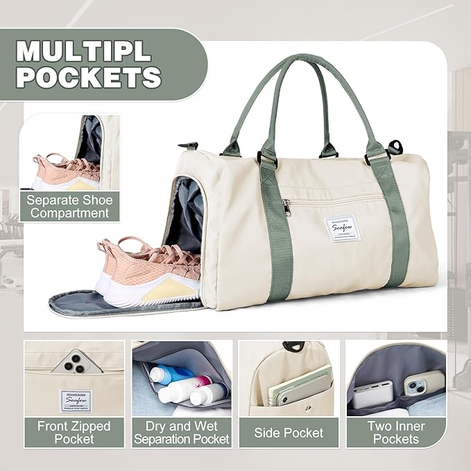 Weekender Duffel Bags for Women & Men - Airplane Travel Totes with Wet Pocket & Shoe Compartment - Labor & Delivery Hospital Bag, Beige Green