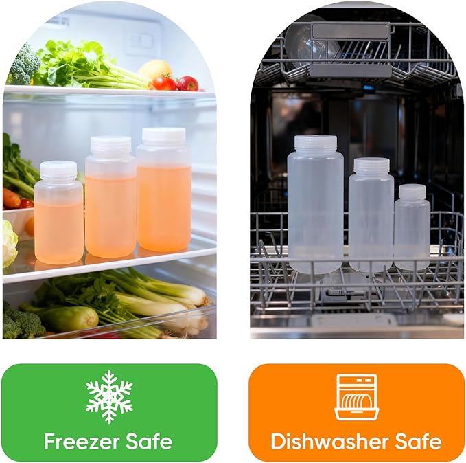 DEMORA 16 oz Plastic Bottles with Lids, Airtight Refillable Wide Mouth Travel Bottles for Toiletries, PP Food Grade Plastic Containers for Liquids Pill Water Sample Lab Reagent (Clear, 2 Pcs)