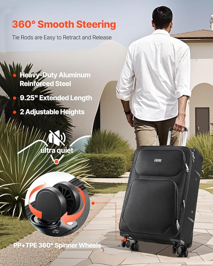 VEVOR Softside Expandable Luggage with Spinner Wheels, 28-Inch Softside Checked Large Luggage, Lightweight Checked Suitcase with Expandable Zippered Pocket and TSA Lock, Black