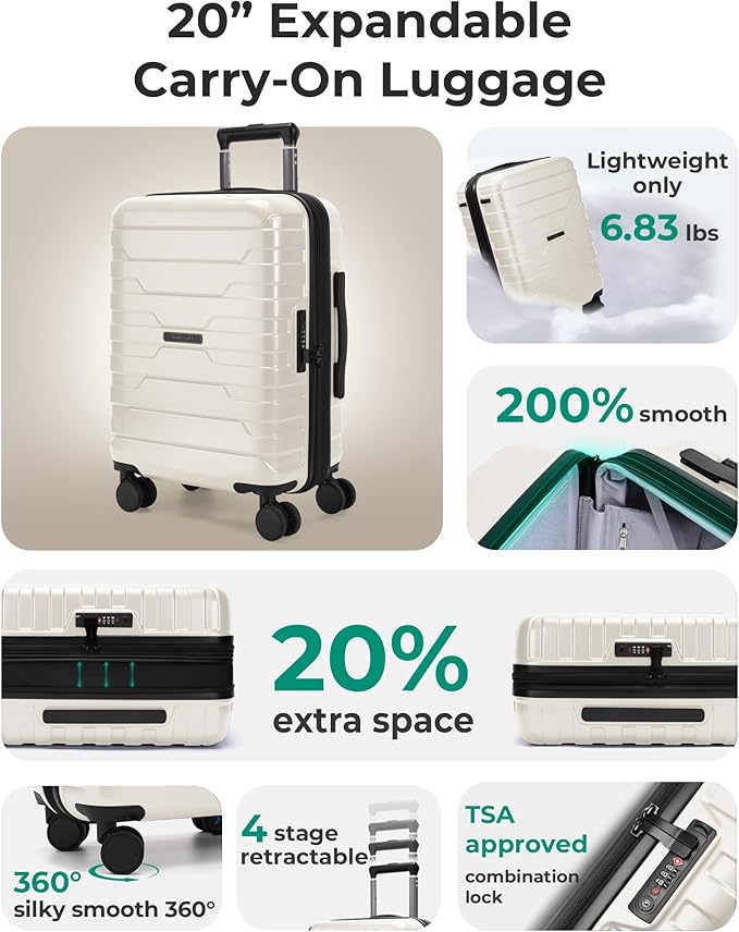 BAGSMART Carry On Luggage 22x14x9 Airline Approved with Spinner Wheels,Lightweight 20 Inch Luggage with TSA Lock,Expandable Hard Shell Carry On Suitcases for Men Women,White
