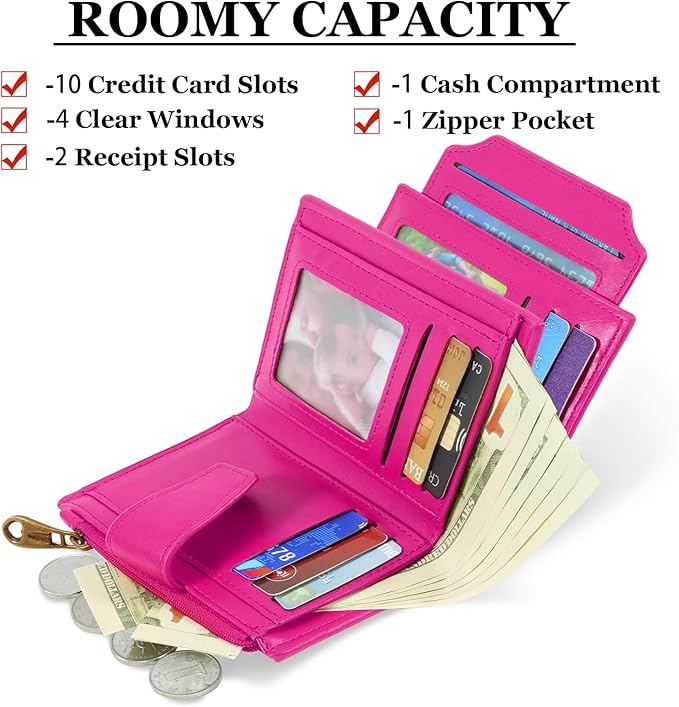 Airkit Small Wallet Women RFID Blocking Soft Leather Bifold Compact Card Holder Wallet for Women with Zipper Coin Pocket 4 ID Window