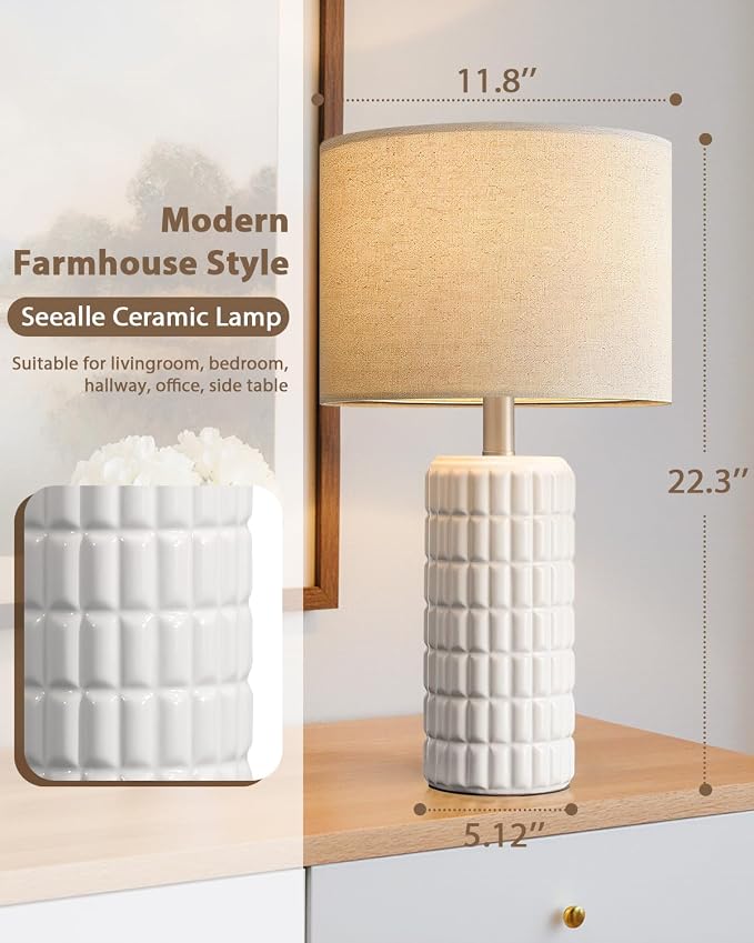 Seealle 23" Single Modern Ceramic Table Lamp, Nightstand Lamp, White | Lamp for Living Room, Bedroom, Bedside, Night Stands, End Table, Desk, Farmhouse Home Decor