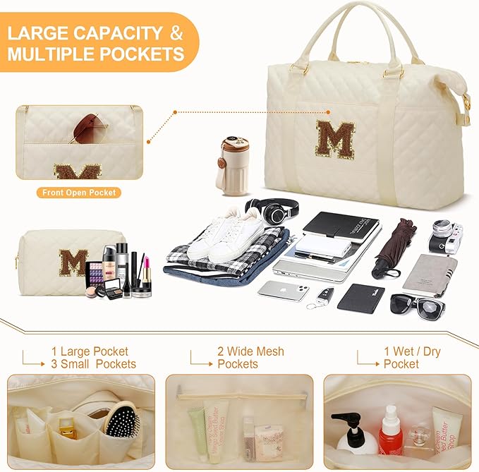 Gifts for Women, Initial Travel Duffle Bag, Personalized Weekender Overnight Bags, Gift for Mom Friend College Girl Graduation Teacher（Beige,M)