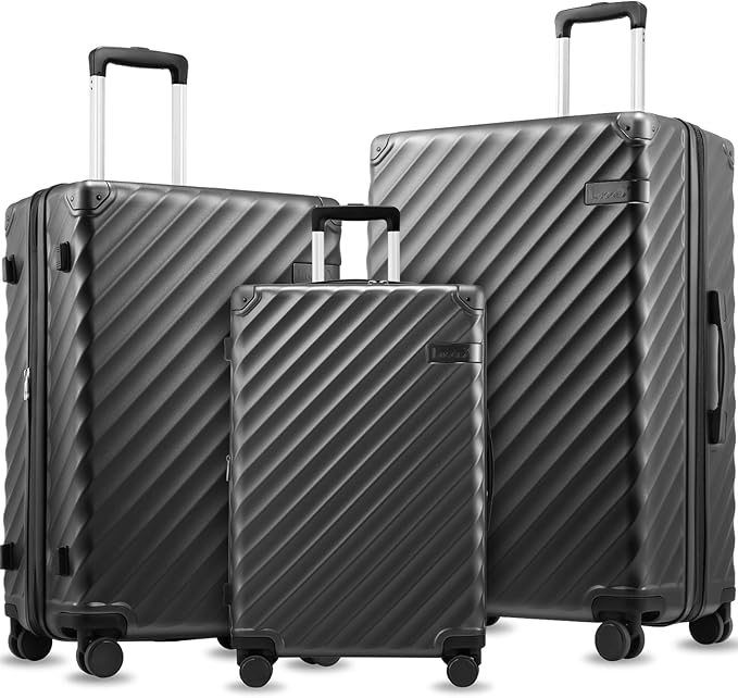 LUGGEX 3 Piece Set Luggage with Spinner Wheels, KVC Polycarbonate Expandable Hard Shell Suitcase (EX-Core, Charcoal Metallic, 3 Piece Sets)