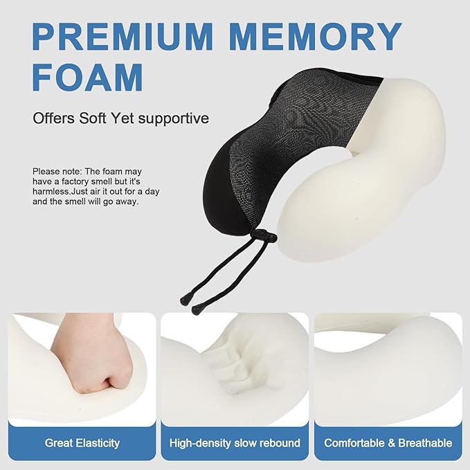 Travel Neck Pillow with 100% Light-Blocking Hood – Ergonomic Memory Foam Support Pillow for Airplane, Long Flights, Road Trips, Office and Car, Full Head and Neck Support with Skin-Friendly Cover