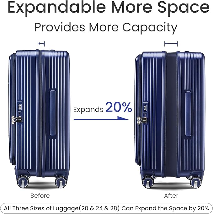 3 Piece Luggage Set 100% PC Hardshell, Front Opening Expandable Suitcase (20/24/28) with Laptop Compartment & Free Custom PVC Covers, Lightweight Spinner Wheels TSA Lock (Navy Blue)