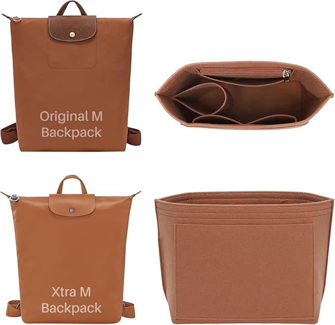 Premium Felt Purse Organizer Insert for Longchamp Le Pliage, Zipper Long Champ Bag Organizer Insert with Cup Holder, 8 Compartments