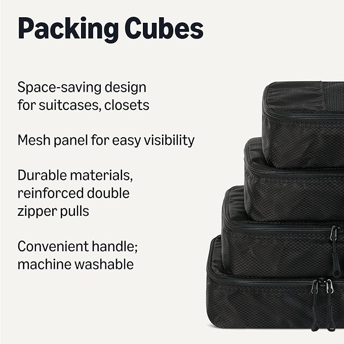 Amazon Essentials 4-Piece Space-Saving Packing Cubes Travel Accessories Set, Luggage Organizer with Double Zipper, Mesh Top, Small, Black (Previously Amazon Basics)