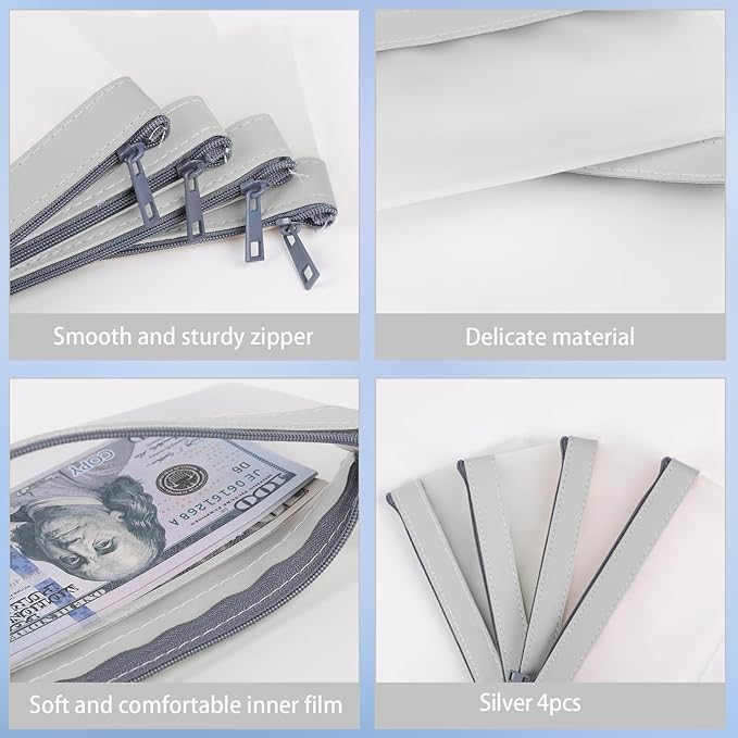 4 Pieces Money Bags With Zipper, Cash Bag,7.6 x 3.7 inch Money Pouch,Bank Bag, Coin Bag for Collectors,Clear Bank Deposit Bags,Multi-Purpose Check Wallet （Silver）