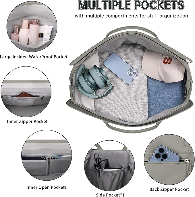 ETRONIK Weekender Overnight Bags for Women, Large Travel Duffle Bags with Shoe Compartment & Wet Pocket, Carry On Gym Bag with Toiletry Bags for Hospital 3 Pcs Set, Large Size, Grey Green