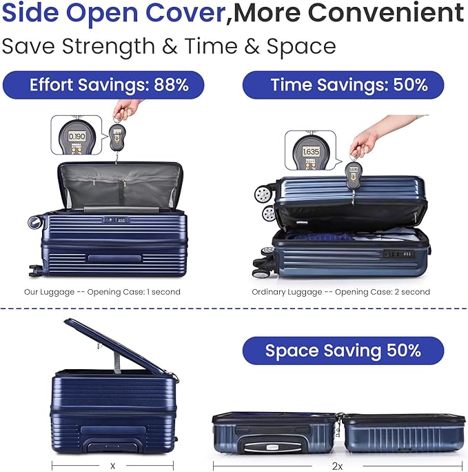 3 Piece Luggage Set 100% PC Hardshell, Front Opening Expandable Suitcase (20/24/28) with Laptop Compartment & Free Custom PVC Covers, Lightweight Spinner Wheels TSA Lock (Navy Blue)