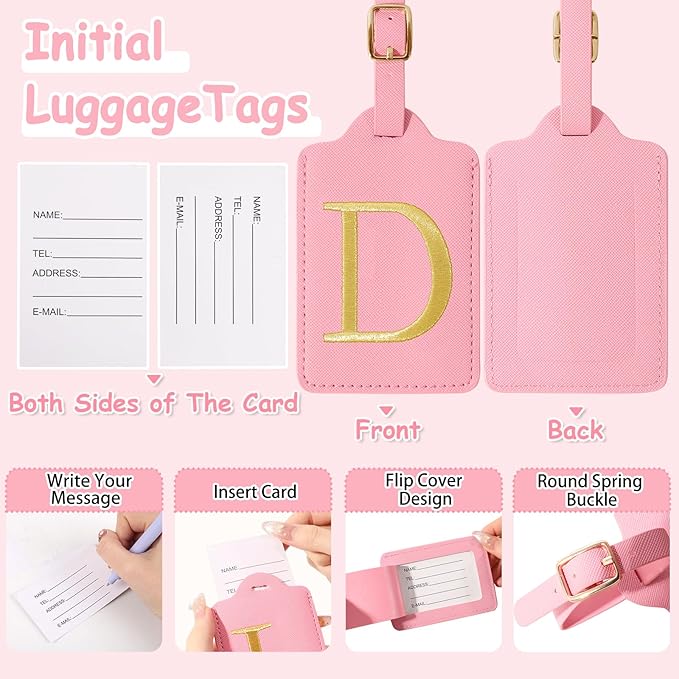 Initial Letter Luggage Tags for Suitcases, Embroidered Monogrammed Suitcase Luggage Identifier Name Tag, PU Leather TSA Approved Luggage Tags, Bag Tags for Men Women Kids Luggage Handbags(Pink D)