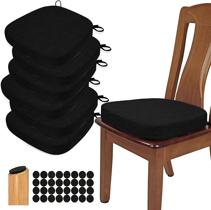 BUYUE Thickened 2.5" Dining Chair Cushions Set of 6, U-Shape High Density Foam Comfortable Chair Pads for Kitchen, Slip Resistant Indoor Seat Cushions (6 PCS, Black)