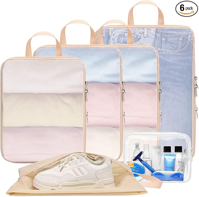 Cambond Mesh Compression Packing Cubes - 6 Piece Expandable See Through Packing Cubes for travel with Shoe and Makeup Bag, Travel Cubes for Packing Organizers Travel Accessories for Suitcases, Khaki
